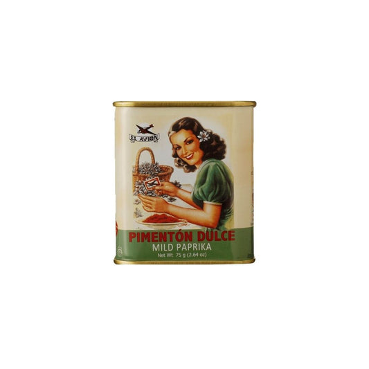 Lata-de-paprica-doce-da-marca-El-Avion-tempero-espanhol-de-sabor-suave-e-levemente-adocicado-com-embalagem-vintage-charmosa