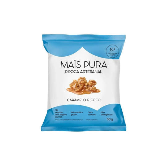 Embalagem-branca-e-azul-de-Pipoca-Artesanal-Mais-Pura-sabor-caramelo-e-coco.-Destaca-informacoes-como-vegano-sem-gluten-e-sem-lactose.