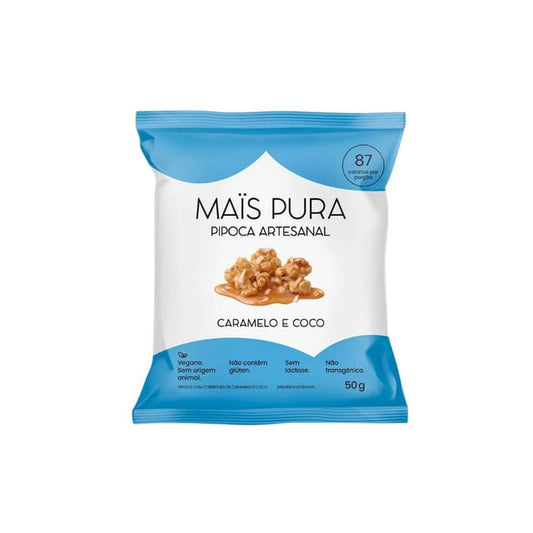 Embalagem-branca-e-azul-de-Pipoca-Artesanal-Mais-Pura-sabor-caramelo-e-coco.-Destaca-informacoes-como-vegano-sem-gluten-e-sem-lactose.