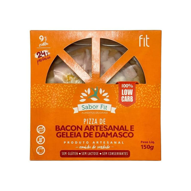 Embalagem-de-Pizza-Low-Carb-com-design-laranja-janela-em-formato-de-fatias-expondo-o-produto-selo--100--Low-Carb--e-24g-de-proteina.