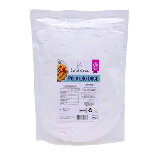 Embalagem-plastica-transparente-contendo-Polvilho-Doce-em-po-com-rotulo-destacando-informacoes-como-selo-kosher-e-sem-gluten.
