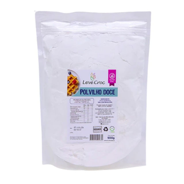Embalagem-plastica-transparente-contendo-Polvilho-Doce-em-po-com-rotulo-destacando-informacoes-como-selo-kosher-e-sem-gluten.