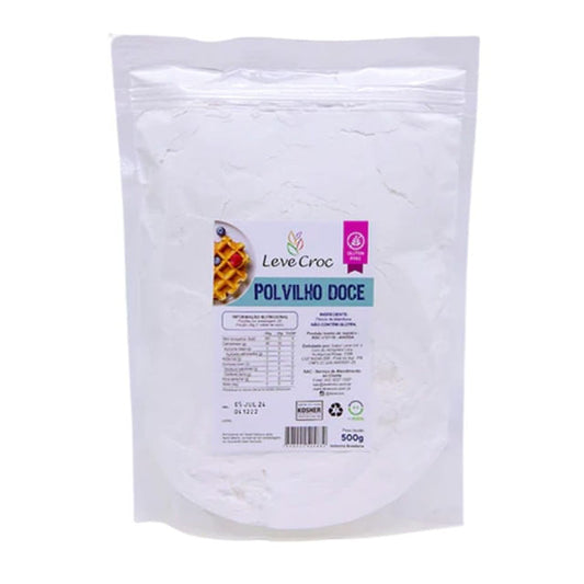 Embalagem-plastica-transparente-contendo-Polvilho-Doce-em-po-com-rotulo-destacando-informacoes-como-selo-kosher-e-sem-gluten.