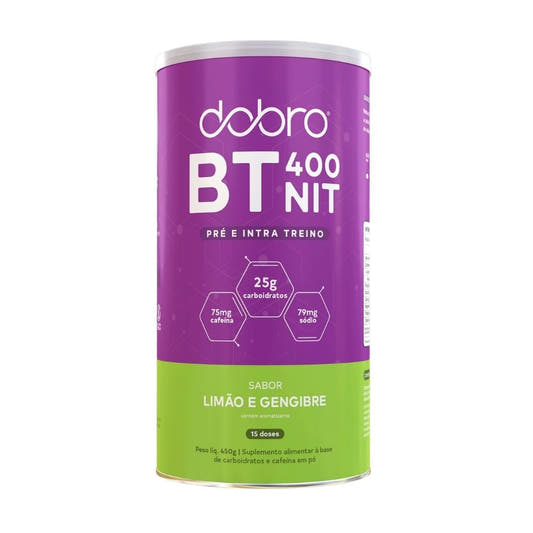 Lata-roxa-e-verde-de-Pre-Treino-Dobro-BT400-sabor-limao-e-gengibre-com-25g-de-carboidratos-e-75mg-de-cafeina-por-dose.