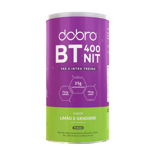 Lata-roxa-e-verde-de-Pre-Treino-Dobro-BT400-sabor-limao-e-gengibre-com-25g-de-carboidratos-e-75mg-de-cafeina-por-dose.