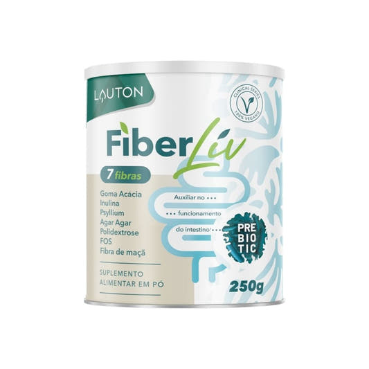 Pote-branco-com-tampa-prata-da-Lauton-rotulo-destaca-FiberLiv-com-sete-tipos-de-fibras-e-a-palavra-Prebiotico-em-destaque-peso-de-250g.