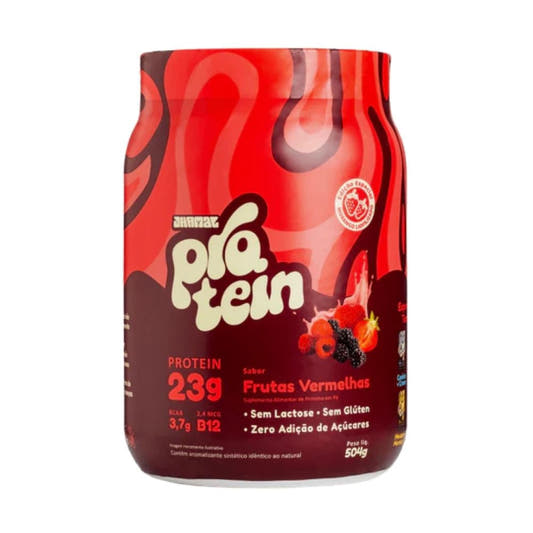 Pote-vermelho-com-rotulo-vibrante-da-marca-Jhamal-contendo-Protein-Plant-Based-sabor-frutas-vermelhas-em-embalagem-de-504g.