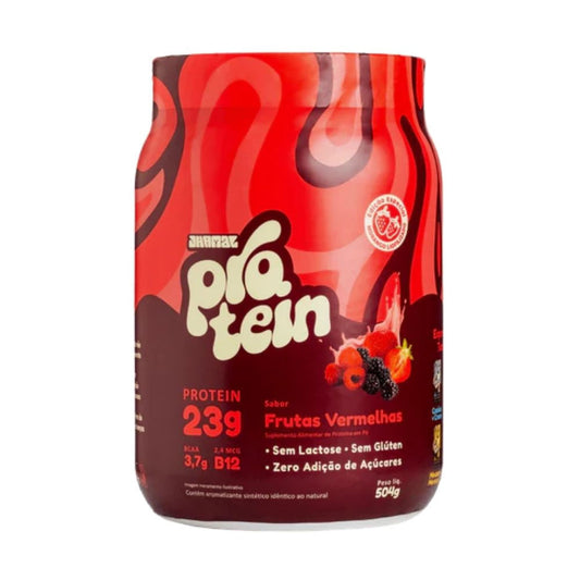 Pote-vermelho-com-rotulo-vibrante-da-marca-Jhamal-contendo-Protein-Plant-Based-sabor-frutas-vermelhas-em-embalagem-de-504g.