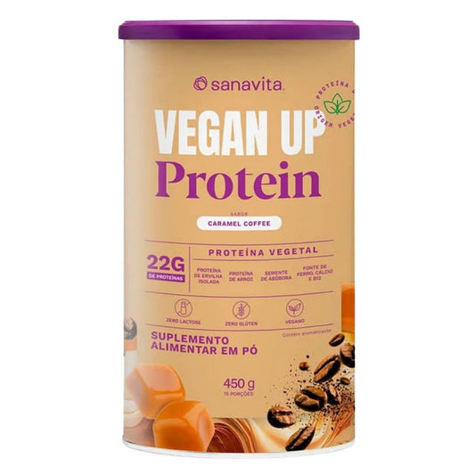 Pote-bege-com-tampa-roxa-da-Sanavita-rotulo-exibe-Proteina-Vegetal-sabor-caramelo-e-cafe-com-22g-por-dose-sem-gluten-e-vegana.