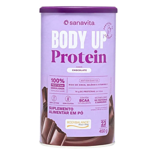 Pote-roxo-da-Sanavita-com-o-nome-Body-Up-Protein-em-destaque-sabor-chocolate-com-indicacao-de-Proteina-de-Colageno-e-450g.