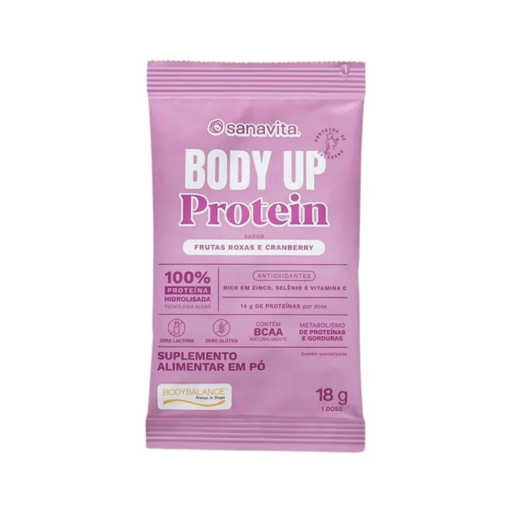 Sache-rosa-de-18g-da-Sanavita-com-rotulo-“Body-Up-Protein”-destacando-“Proteina-de-Colageno”-sabor-frutas-roxas-e-cranberry.