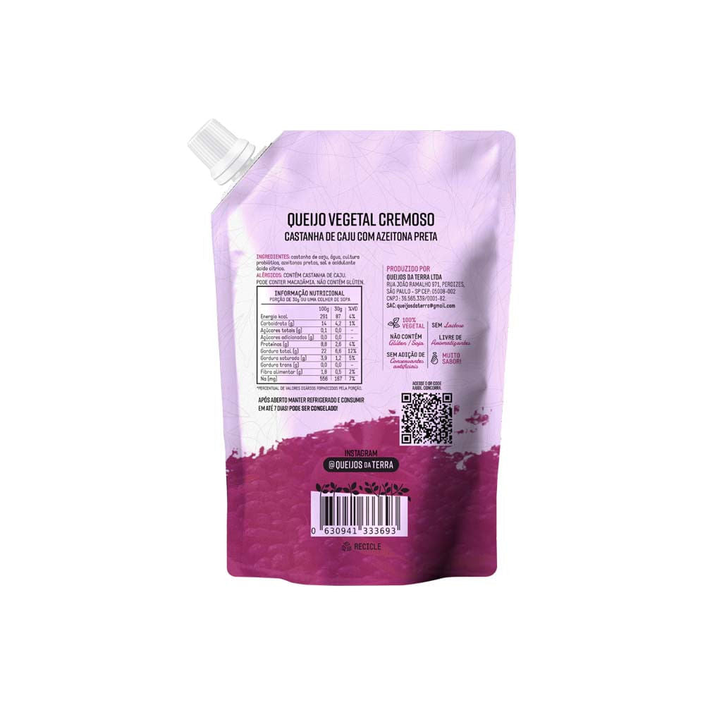 Queijo Vegetal Cremoso Castanha de Caju com Azeitona Preta 180g Queijos da Terra parte de trás da embalagem