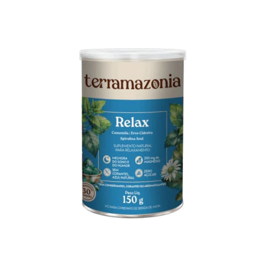 Embalagem-do-suplemento-Relax-com-fundo-azul-ilustracoes-de-camomila-e-erva-cidreira-palavra-Relax-em-destaque.