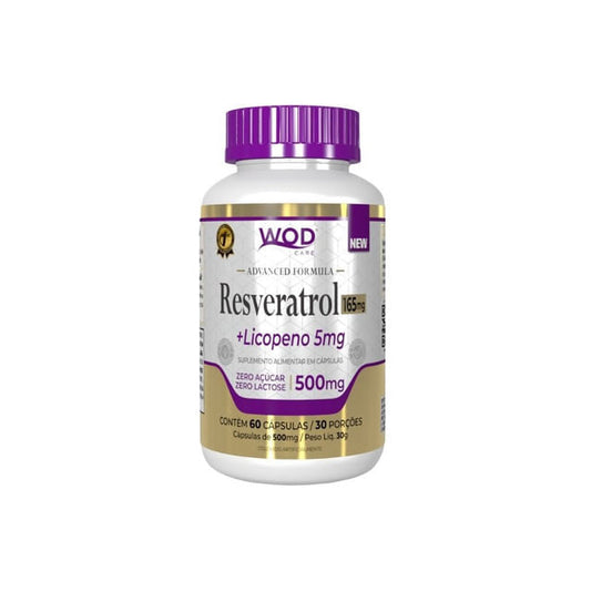Frasco-branco-com-tampa-roxa-de-suplemento-alimentar-rotulo-destacando--Resveratrol-165mg---Licopeno-5mg--sem-acucar-lactose-ou-gluten.