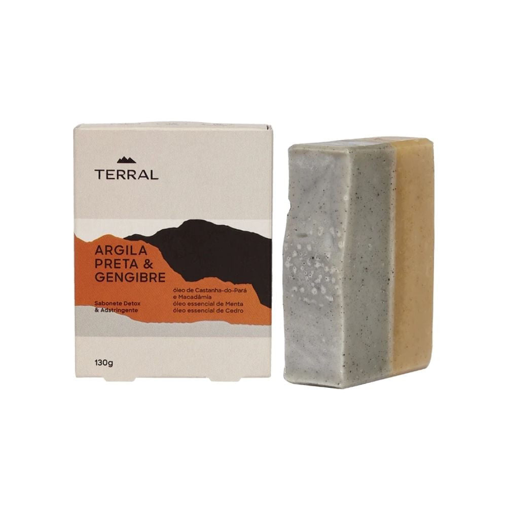 Sabonete-Argila-Preta---Gengibre-130g-Terral-ao-lado-da-embalagem.-Produto-detox-com-oleos-essenciais-e-ingredientes-naturais.