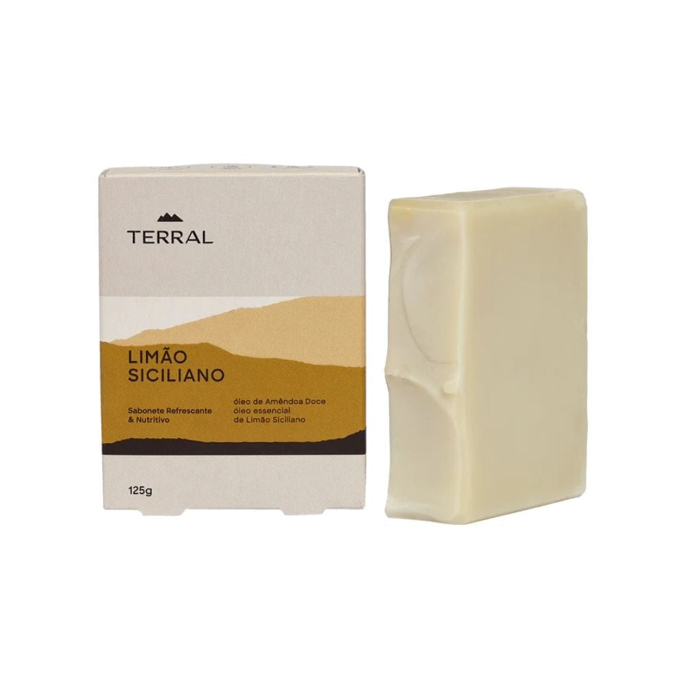 Sabonete-Limao-Siciliano-125g-Terral-ao-lado-da-embalagem-que-destaca-seus-ingredientes-naturais-e-propriedades-refrescantes-e-nutritivas.