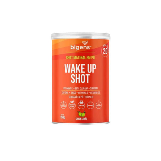 Embalagem-cilindrica-laranja-de-Shot-Matinal-Wake-Up-Shot-Bigens-sabor-limao-com-informacoes-de-vitaminas-e-beneficios-no-rotulo.
