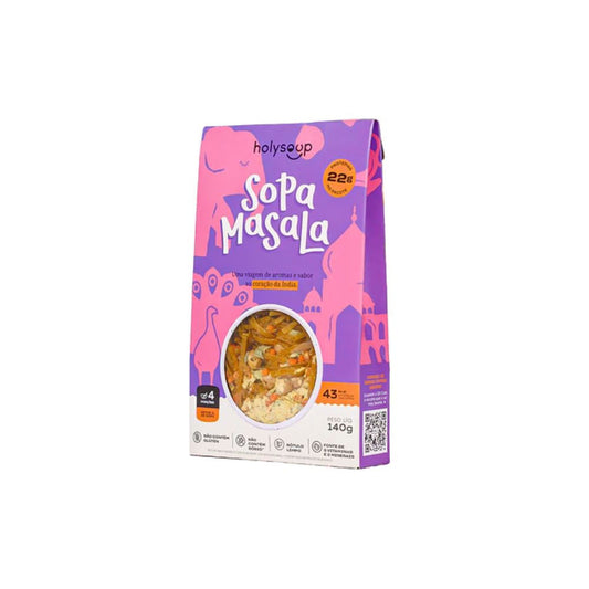 Embalagem-colorida-da-Sopa-Masala-HolyFoods-140g-com-janela-transparente-mostrando-os-ingredientes-secos-rotulo-vibrante-e-toque-indiano.