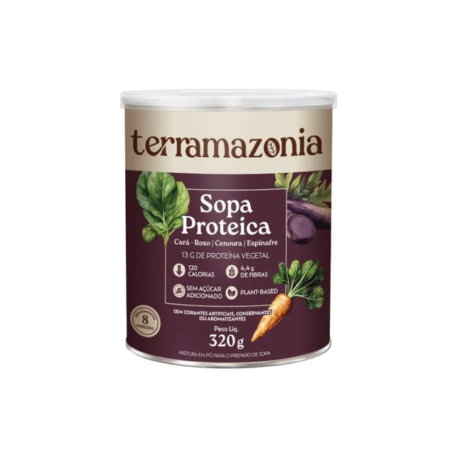 Embalagem-de-Sopa-Terramazonia-320g-destacando-ingredientes-naturais-como-cara-roxo-cenoura-e-espinafre-rica-em-proteina-vegetal.