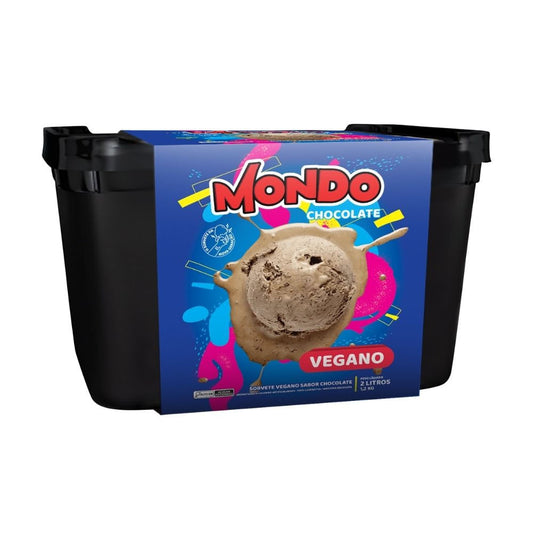 Pote-preto-de-2-litros-com-rotulo-azul-e-colorido-exibindo-sorvete-vegano-de-chocolate-da-marca-Mondo-com-destaque-para-“vegano”.