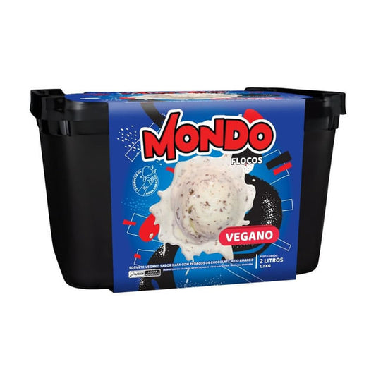 Imagem-de-pote-preto-com-rotulo-colorido-do-Sorvete-Vegano-sabor-flocos-da-marca-Mondo-com-destaque-para-a-textura-cremosa-e-pedacos-de-chocolate.