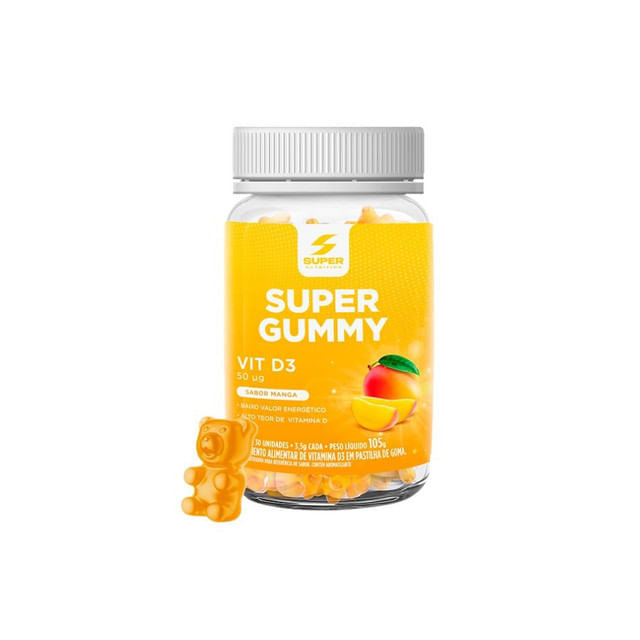 Frasco-do-suplemento-em-goma-Super-Gummy-com-vitamina-D3-sabor-manga-com-50-mcg-por-unidade-e-30-gomas-por-embalagem