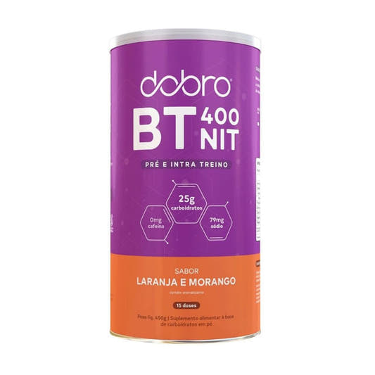 Lata-roxa-e-laranja-de-Pre-Treino-Dobro-BT400-sabor-laranja-e-morango-com-25g-de-carboidratos-0mg-cafeina-e-79mg-de-sodio.