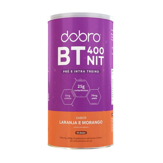 Lata-roxa-e-laranja-de-Pre-Treino-Dobro-BT400-sabor-laranja-e-morango-com-25g-de-carboidratos-0mg-cafeina-e-79mg-de-sodio.