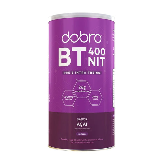 Lata-roxa-de-Pre-Treino-Dobro-BT400-sabor-acai-com-26g-de-carboidratos-1000mg-de-taurina-e-15-doses-por-embalagem.