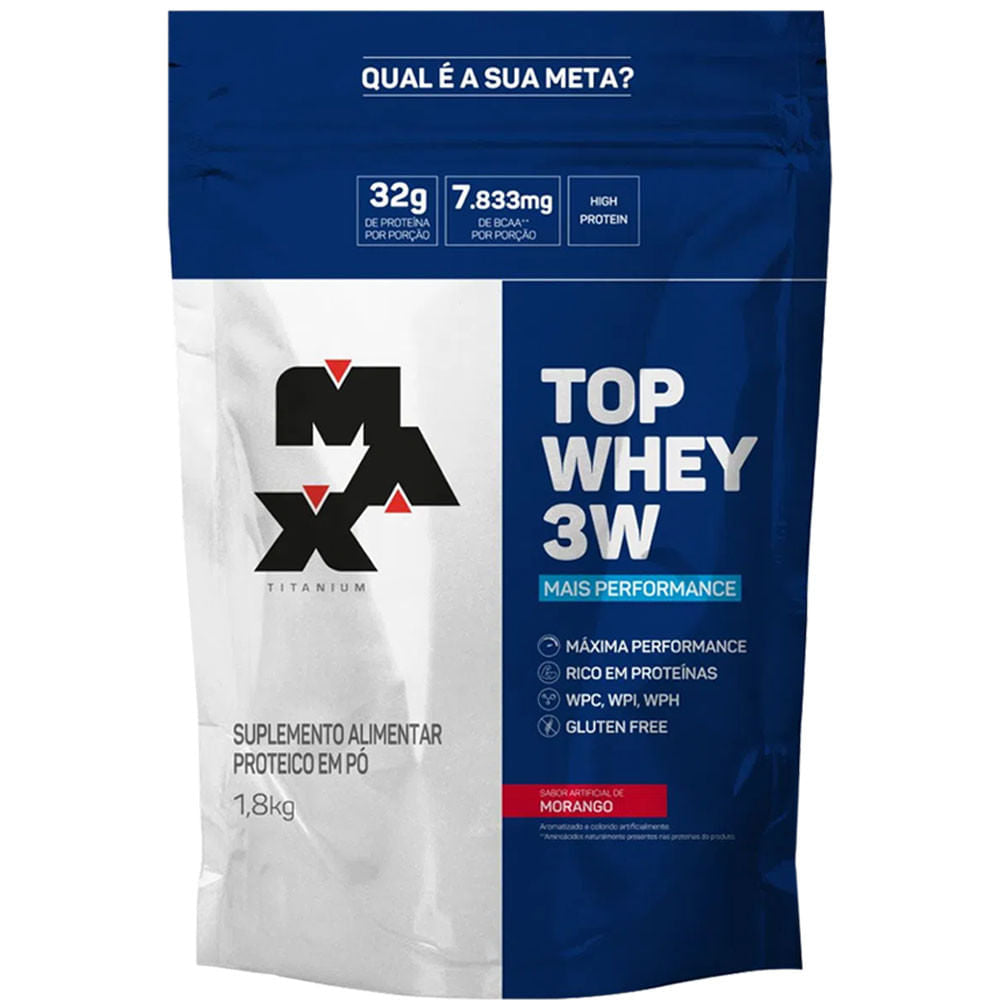 Top Whey 3W + Perfomance Sabor Morango 1,8Kg Max Titanium