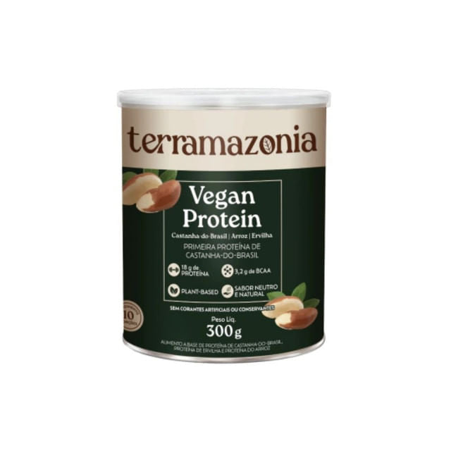Embalagem-de-Vegan-Protein-Terramazonia-300g-fundo-verde-escuro-com-castanhas-ilustradas-e-informacoes-de-proteina-vegetal-destacadas.