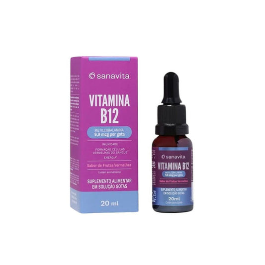 Frasco-com-conta-gotas-e-caixa-rosa-da-Sanavita-com-o-nome-Vitamina-B12-em-destaque-e-informacoes-sobre-metilcobalamina.
