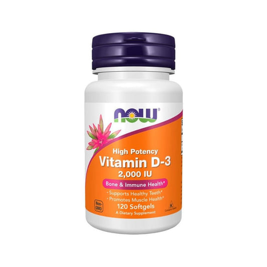 Frasco-branco-com-tampa-roxa-da-Vitamina-D3-Now-2000-IU-com-rotulo-laranja-e-informacoes-sobre-suporte-osseo-e-imunidade.