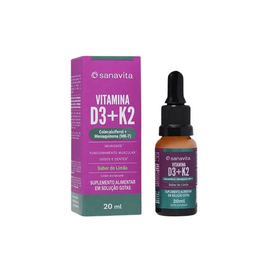 Frasco-ambar-com-conta-gotas-e-caixa-roxa-da-Sanavita-com-o-nome-Vitamina-D3-e-K2-em-destaque-e-sabor-limao-indicado-no-rotulo.